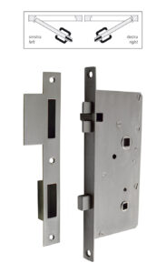 Serratura antivibrante con scontro e paletto per porta locale igiene