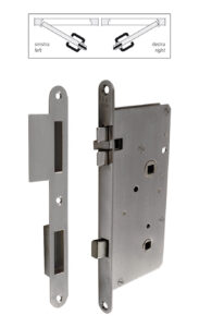 Serratura antivibrante con scontro e paletto per porta locale igiene